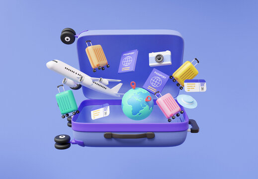 Minimal cartoon Open luggage tourism trip planning world tour with airplane, earth pin location on suitcase passport boarding pass ticket, leisure touring holiday summer concept. recreation. 3d render