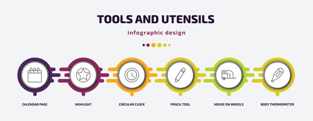 tools and utensils infographic template with icons and 6 step or option. tools and utensils icons such as calendar page, highlight, circular clock, pencil tool, house on wheels, body thermometer