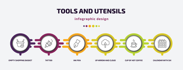 tools and utensils infographic template with icons and 6 step or option. tools and utensils icons such as empty shopping basket, tattoo, ink pen, up arrow cloud, cup of hot coffee, calendar with six
