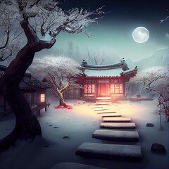A surreal Chinese ancient CG rendering with a path, an old house beside the path, maple trees and milky white white leaves at night in winter snows cape