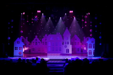 The stage of the theater illuminated by spotlights from the auditorium