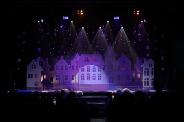 Theatrical scene without actors, scenic colorful light and smoke