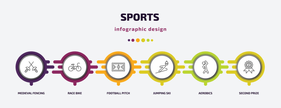 sports infographic template with icons and 6 step or option. sports icons such as medieval fencing, race bike, football pitch, jumping ski, aerobics, second prize vector. can be used for banner,