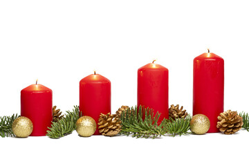 four red candles with christmas decoration isolated on transparent background PNG file