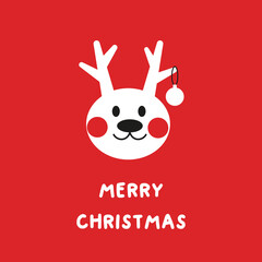 New Year cute Deer simple vector illustration on red background. Kawaii Christmas deer. Greeting beautiful card Merry Christmas and Happy New Year, for print. 2023