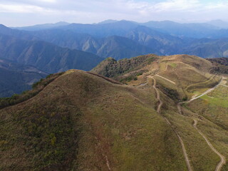 Fototapeta na wymiar 塩塚高原のススキ野原の空撮写真
