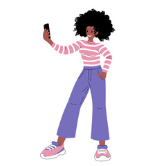 Girl blogger holds smartphone in her hand, recording vlog or takes selfie for social networks. Trendy flat vector illustration isolated on white background