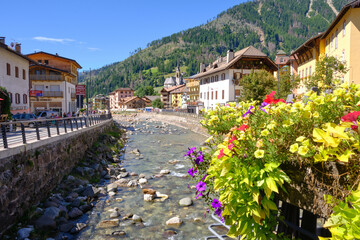 View of city of Moena in the Dolomites, Italy
