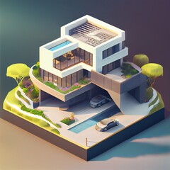 isometric diorama of a modern contemporary mansion