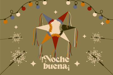 posadas, noche buena en México. Piñata, tamales, , decoración, luces de bengala y serie de luces. 24 diciembre - obrazy, fototapety, plakaty