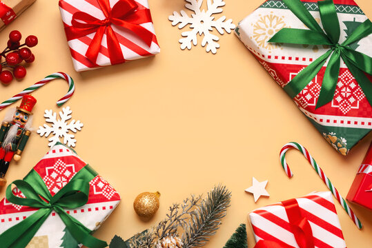 Christmas concept background. Top view of christmas gifts and christmas ornament with space for text