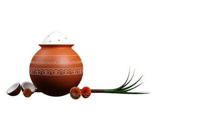 3D Illustration Of Pongal Dish Or Grain In Clay Pot With Marigold Flowers, Coconut, Sugarcane And Copy Space.