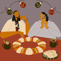 Ilustración vectorial de dos mujeres celebrando tradición Día de Reyes y Navidad en México y España. 6 de Enero, rosca, ponche, tamales, candelaria.