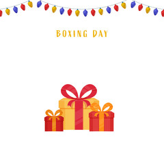 Fototapeta na wymiar Boxing Day Sale Poster Design With Gift Boxes And Lighting Garland Decorated Background.