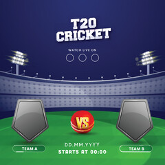 Watch Live T20 Cricket Match Between Team A VS B With Empty 3D Shield On Blue And Green Stadium Background.