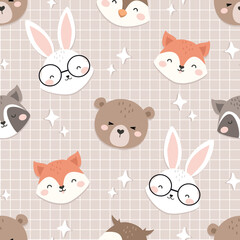 Cute Face Animals seamless pattern. Childish Cartoon Animals Background. Cute Cartoon fox, racoon, bear, rabbit, and owl. design for background, wallpaper, fabric, textile and more.