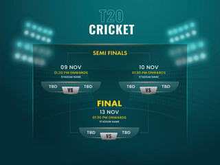 T20 Cricket Semi Final And Final Fixtures Schedule Structure On Glassmorphism Dark Teal Stadium Background.
