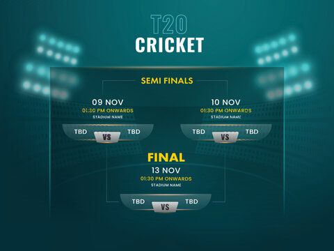 T20 Cricket Semi Final And Final Fixtures Schedule Structure On Glassmorphism Dark Teal Stadium Background.