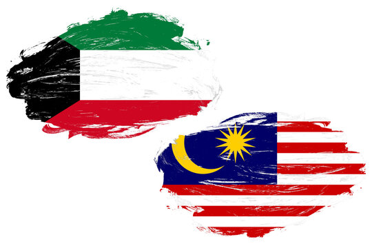 Kuwait and malaysia flag together on a white stroke brush background