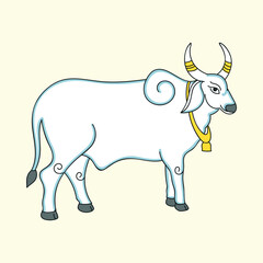 Isolated Ox Or Cow Wearing Golden Bell On Yellow Background.