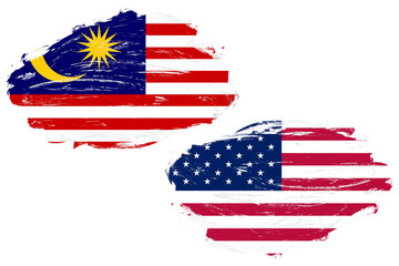 Malaysia and united states flag together on a white stroke brush background