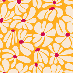 Retro groovy flower power background. Vintage 1970s floral seamless pattern. Hippie fun wallpaper. 1960s vector print for fabric, wrapping paper, stationery
