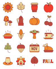 Set of autumn icons, mid-autumn. Fall illustration. Vector autumn or fall banner with colorful autumn leaves, acorns and flowers, isolated on white. Cute kawaii border with seasonal elements in flat 