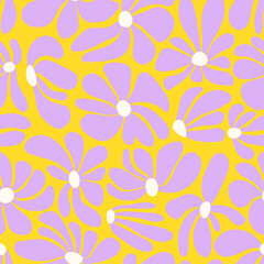 Fototapeta na wymiar Retro groovy flower power background. Vintage 1970s floral seamless pattern. Hippie fun wallpaper. 1960s vector print for fabric, wrapping paper, stationery
