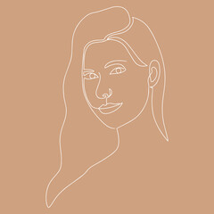 Vector hand-drawn illustration in the style of linear art. Portrait of a beautiful girl. An elegant girl with long hair. A light gentle background element for your design.