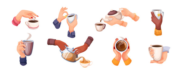 Hands hold hot tea cup set vector illustration. Cartoon isolated arms of person holding glass mug with steam, tea bag and sugar cube, teapot for pouring beverage and drinking, top and side view