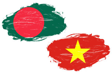 Vietnam and bangladesh flag together on a white stroke brush background