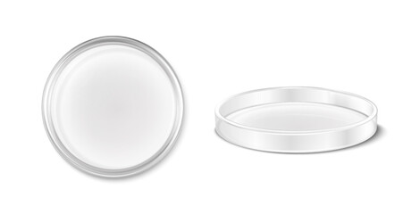 3d realistic vector icon. Petri dish. Laboratory and sience equipment. Test and research lab. Top and side view.
