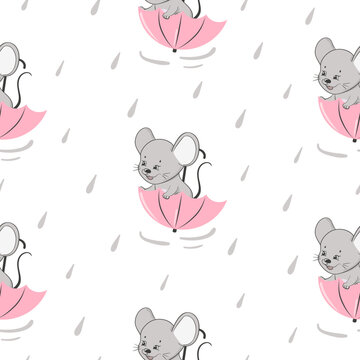 Seamless baby pattern with cute little mouse in umbrella. Vector rain background for kids