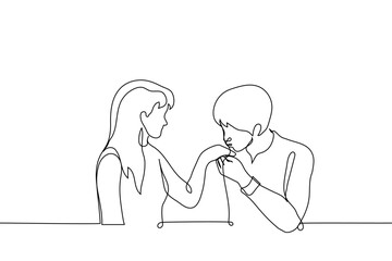 man kissing woman's hand - one line drawing vector. concept gentleman