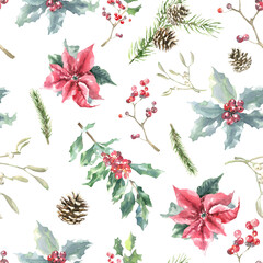 Watercolor Christmas seamless pattern. Winter flowers, poinsettia, holly berry, pine cone, fir,spruce, evergreen branch,twig, berry illustrations.New year fabric,textile holiday white background,print