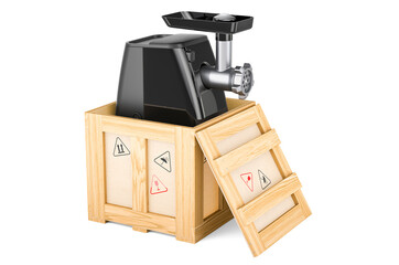 Electric meat grinder inside cardboard box, delivery concept. 3D rendering