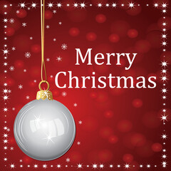 Merry christmas greeting card. Red background with glass christmas bauble. Vector illustration.