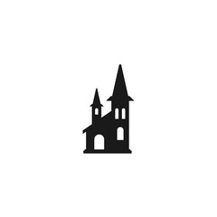 Magic mansion, fairy tale villa house icon. Black castle icon. Tower, fortress. fairy tale, magic, fantasy logo. Vector illustration isolated on white. Estate symbol.