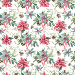  Watercolor Christmas seamless pattern. Winter flowers, poinsettia, holly berry, pine cone, fir,spruce, evergreen branch,twig, berry illustrations.New year fabric,textile holiday white background,print © Catherine