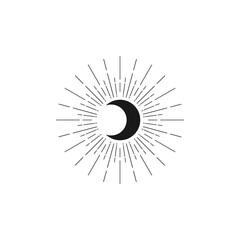 Black half moon with rays isolated on white. Night, sky, dream, sleep symbol. Shining crescent Vector illustration. Fairytale, fantasy, magic logo. Celestial symbol.