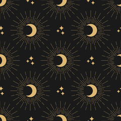 Seamless pattern with golden half moon, crescents and stars on black background. Night, sky, dream, sleep ornament. Mystic, magic, sorcery wallpaper. Celestial print. birth chart.