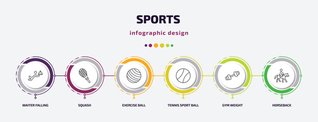 sports infographic template with icons and 6 step or option. sports icons such as waiter falling, squash, exercise ball, tennis sport ball, gym weight, horseback vector. can be used for banner, info