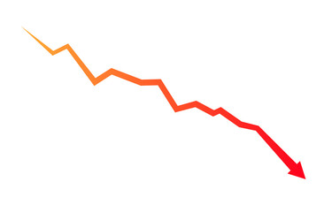 Red arrow down icon. Indication decline arrow sign. Financial decrease statistic graphic symbol. Financial losses chart. Vector illustration