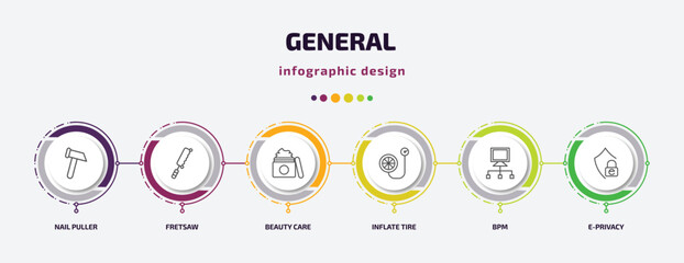 general infographic template with icons and 6 step or option. general icons such as nail puller, fretsaw, beauty care, inflate tire, bpm, e-privacy vector. can be used for banner, info graph, web,