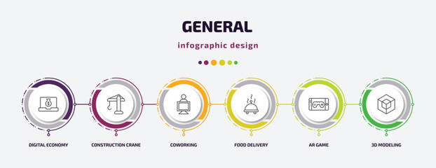 general infographic template with icons and 6 step or option. general icons such as digital economy, construction crane, coworking, food delivery, ar game, 3d modeling vector. can be used for