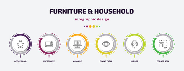 furniture & household infographic template with icons and 6 step or option. furniture & household icons such as office chair, microwave, armoire, dining table, mirror, corner sofa vector. can be
