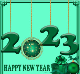 happy new year 2023 celebrated with green ornament and greeting creative wallpaper and background and enjoy this festive with family in winter season and colorful beautiful calendar congratulate event