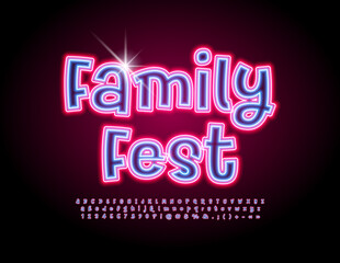 Vector neon Poster Family Fest. Colorful handwritten  Font. Funny Glowing set of Alphabet Letters and Numbers