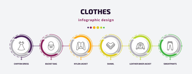 clothes infographic template with icons and 6 step or option. clothes icons such as chiffon dress, bucket bag, nylon jacket, shawl, leather biker jacket, sweatpants vector. can be used for banner,