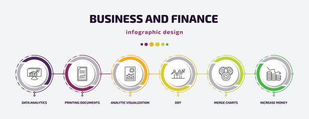 business and finance infographic template with icons and 6 step or option. business and finance icons such as data analytics, printing documents, analytic visualization, dot, merge charts, increase